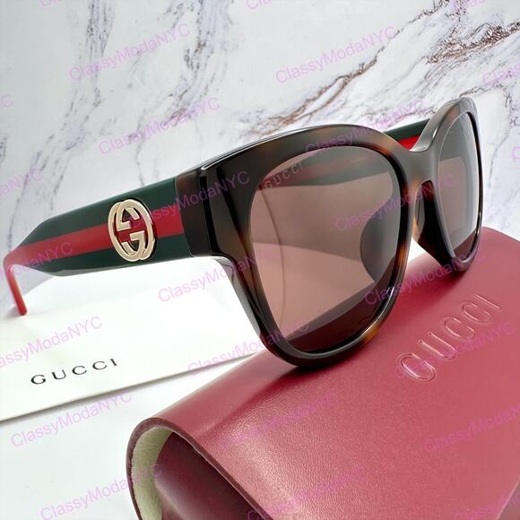 New GUCCI Sunglasses Brown Cat Eye Round Red Green Web Arms Gold GG Womens main image 15